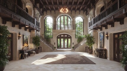 Fototapeta premium Luxurious Fusion - Contemporary Medieval Grand Foyer with Modern Art, Medieval Furniture, and Elegant Chandelier