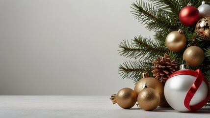 A festive arrangement of gold and red ornaments nestled among pine branches, complete with pine cones. The elegant decor captures the warmth and joy of the holiday season.