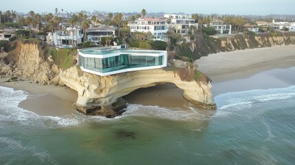 Modern Cliffside House Overlooking Scenic Ocean and Sandy Beach