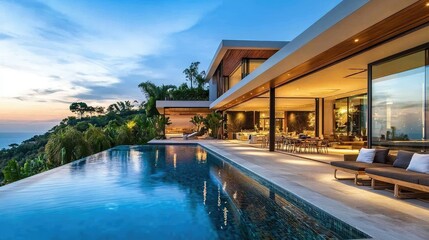 Fototapeta premium Luxurious Modern Villa with Infinity Pool Overlooking Sunset in Tropical Paradise, Featuring Elegant Outdoor Living Spaces Surrounded by Lush Greenery