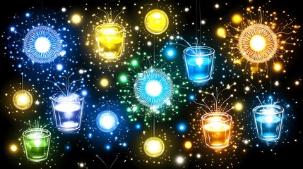 Obraz premium Colorful glowing shot glasses with firework bursts on dark background.