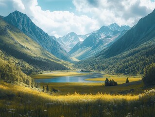 Fototapeta premium Serene Mountain Landscape with Lush Greenery and Sparkling Lake Under a Dramatic Sky, Showcasing Nature's Tranquil Beauty and Majestic Peaks in a Vibrant Scene