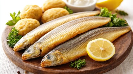 Fresh Fish on a Wooden Plate with Lemon and Herb Garnish