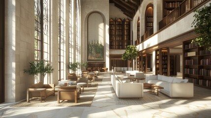 Grand Medieval-Inspired Library with Modern Twist - A Scholarly Retreat of Contrast and Elegance | Ultra-Detailed Interior Design Visualization