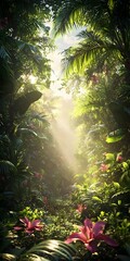 A vibrant tropical rainforest scene, showcasing lush greenery and colorful pink flowers illuminated by soft sunlight filtering through the dense foliage.