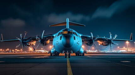 A night view of a large military aircraft on a runway, showcasing its design and propellers.