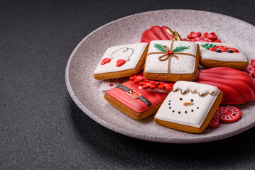Sweet madeleine sponge cookies covered with colored chocolate