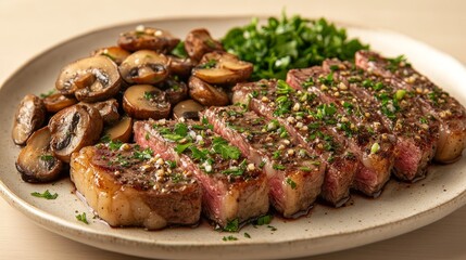 A plate featuring sliced steak, sautéed mushrooms, and garnished greens.