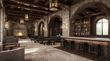 Fototapeta premium Opulent Fusion: Modern-Medieval Cocktail Lounge with Plush Seating and Stylish Bar for Entertaining Guests