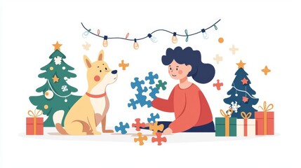 Naklejka premium Woman enjoys puzzle time with her dog.