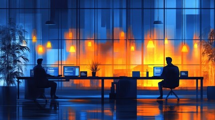 Night City Office Workers: A Digital Painting of Two Silhouetted Figures Working Late in a Modern Office with a Stunning Cityscape View
