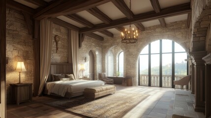 Fototapeta premium Exquisite Modern-Medieval Master Suite with Rustic Elegance for Romantic Ambiance