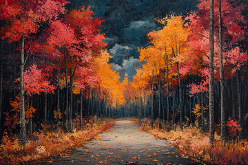 Autumn Road Through Vibrant Colorful Trees