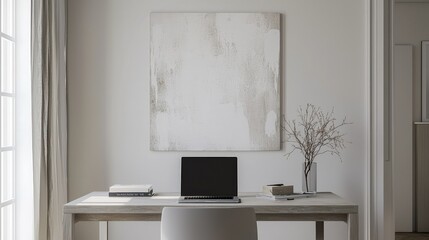 Fototapeta premium Modern Minimalist Home Office Interior Design with a Sleek Laptop on a Stylish Desk, Featuring a Large Abstract Artwork and Natural Light Streaming Through the Window