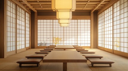 Serene Modern Japanese Interior Design of a Traditional Dining Room Featuring Warm Wood Elements, Tatami Mats, and Elegant Lantern Lighting