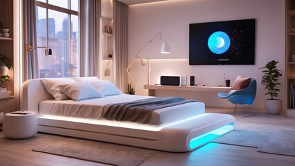 Multi-functional guest space with a pull-out smart bed and holographic personal assistant display.