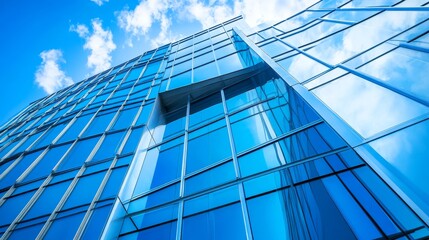 Obraz premium A modern glass building reflecting the sky and clouds, showcasing contemporary architecture.