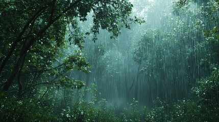 Obraz premium Lush Green Forest Landscape During Heavy Rainfall, Creating a Serene Atmosphere with Falling Water and Vibrant Foliage
