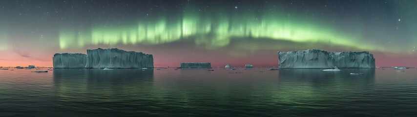 A breathtaking scene of icebergs illuminated by the vibrant northern lights in a serene Arctic landscape. The still waters reflect the stunning colors of the aurora borealis.