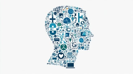A human head made of a large number of medical accessories on a white background.