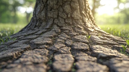 Fototapeta premium Close-up of a tree trunk base with textured bark and emerging green shoots