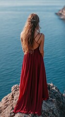 Woman in Red Dress Contemplating Ocean View from Rocky Cliff