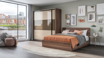 Fototapeta premium Modern Stylish Bedroom Interior with View of Cityscape