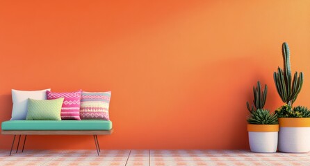 Bright and cheerful interior with green sofa and vibrant orange wall showcasing decorative plants