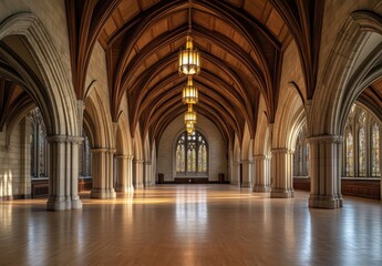 Obraz premium Spacious Gothic Hall with Elegant Arches and Natural Light Streaming Through Intricate Windows, Showcasing the Architectural Beauty of a Historical Building