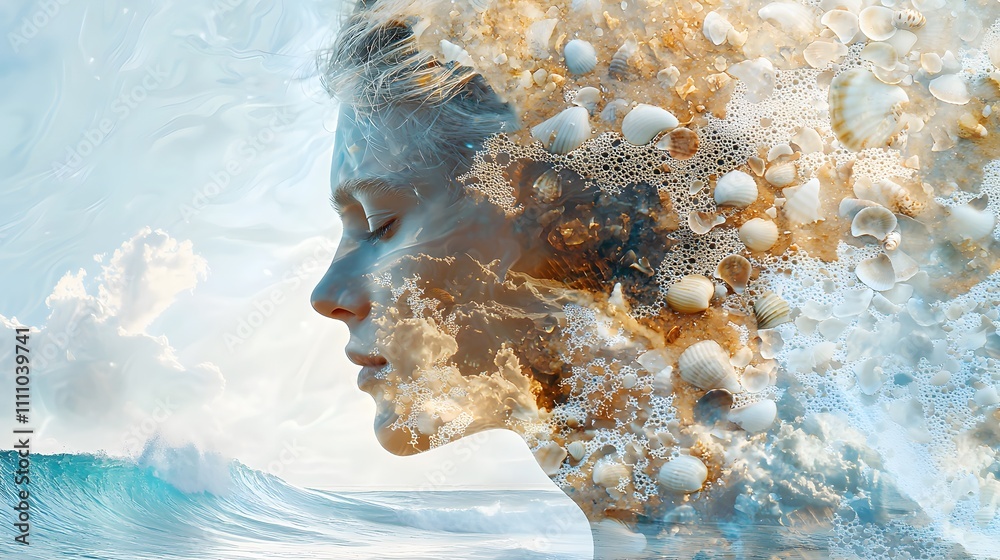 Poster ethereal woman's profile blending with ocean waves and seashells, capturing the serenity of nature a
