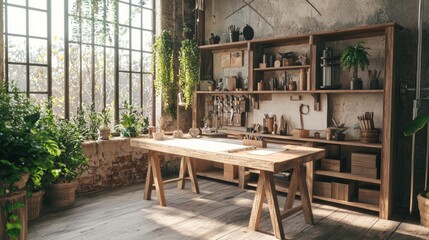 Fototapeta premium Modern-Medieval Fusion: Stylish Craft Area with Rustic Furniture and Creative Decor in Photorealistic Design