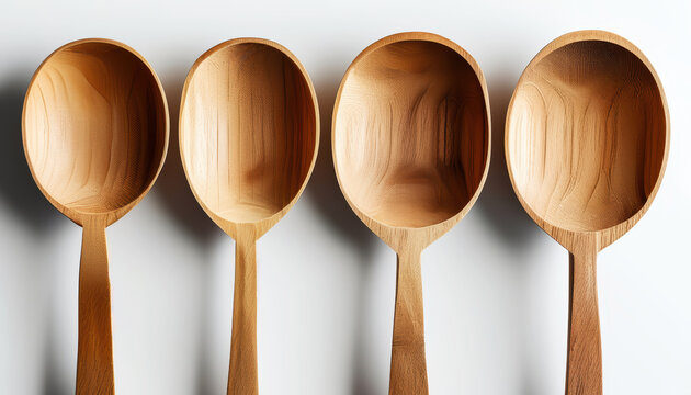 Light brown wooden spoons with a pronounced wood grain, arranged vertically next to each other
