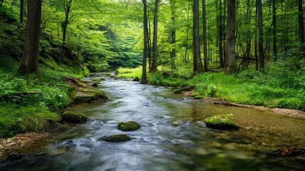 Fototapeta premium Serene Forest Stream Flowing Through Lush Green Landscape with Rocks and Sunlight Filtering Through Vibrant Tree Canopy in a Peaceful Natural Setting