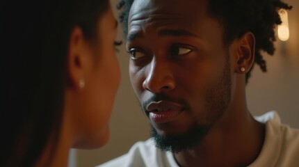 Fototapeta premium A close-up of a nervous Afro-American man confessing his love to a woman, capturing the intensity of the moment with heartfelt emotion in his eyes