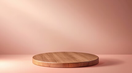 A round wooden platform against a soft pink background, ideal for product displays or artistic presentations.