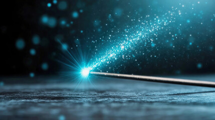 Fototapeta premium Magical glowing wand creates enchanting light trails in a dark environment. Generative AI