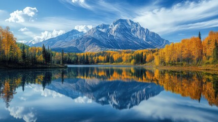 Stunning Autumn Landscape with Majestic Mountains Reflected in a Tranquil Lake Surrounded by Vibrant Fall Foliage Under a Bright Blue Sky