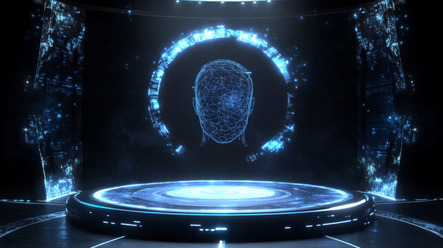 Circle portals, teleport, hologram gadget. Blank display, stage or magic portal, podium. Humanoid face of mechanical cybor. Artificial intelligence in humanoid head with neural network thinks. Vector 