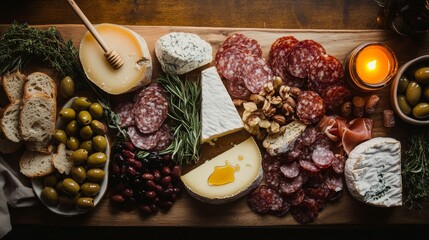 Photo of, A rustic charcuterie board adorned with an array of artisanal cheeses, cured meats