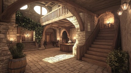 Obraz premium Modern-Medieval Fusion Foyer: A Welcoming Blend of Rustic and Contemporary Elegance