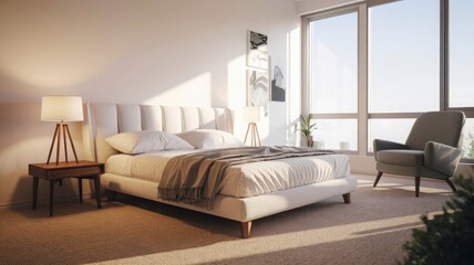 A living room with a couch, a table, and a plant in the corner and interior design concept.