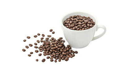 Obraz premium A cup of coffee and scattered coffee beans on Transparent PNG format Background