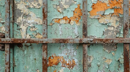 Naklejka premium Weathered Blue and Orange Peeling Paint on Rusty Metal Surface with Grid Pattern, Capturing Urban Decay and Textural Beauty in an Industrial Setting