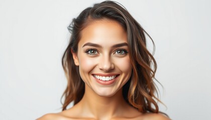 Smiling brunette teen model with perfect skin and teeth, looking directly at the camera