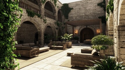 Naklejka premium Modern-Medieval Fusion: Chic Outdoor Lounge with Stone Walls and Relaxing Atmosphere