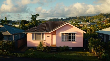 A charming pink house surrounded by greenery, nestled in a residential neighborhood under a bright sky.