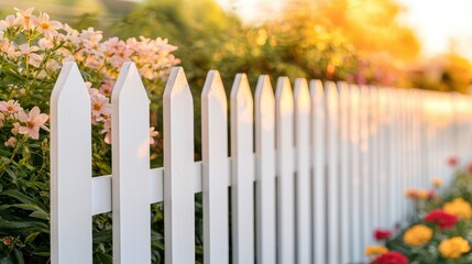 Fototapeta premium A picturesque garden scene featuring a white picket fence adorned with colorful flowers, illuminated by warm sunlight.