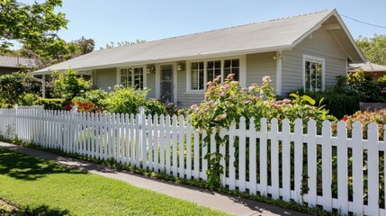 Fototapeta premium A charming house with a white picket fence and lush greenery, set against a clear blue sky, embodying a welcoming suburban vibe.