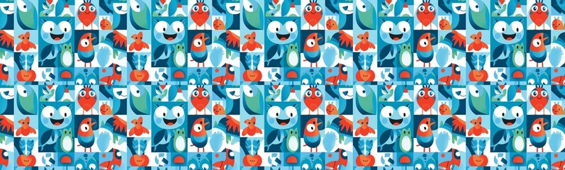 Fototapeta premium Repeating pattern of whimsical characters with red hats, amidst a vibrant blue and green backdrop.
