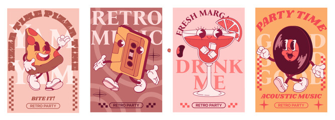Retro party. 90s disco music poster design. Cocktail drink glass. Fun vintage ball. Pizza character. Musical cassette. Funky 80s doodle invite text to dance. Vector cartoon flyers set